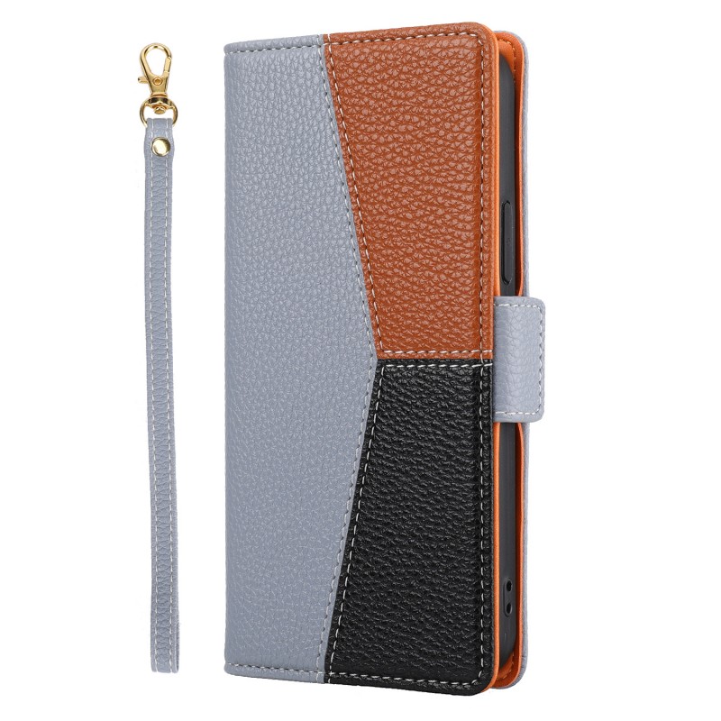 Color-blocked Phone Leather Case with Card Slot, Flip Cover, and Protective Hand Strap